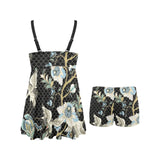 Japanese crane ornament elements Chest Sexy Pleated Two Piece Swim Dress