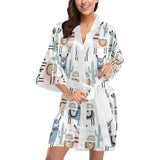 lama Alpaca cactus hand drawn pattern Women's Short Kimono Robe