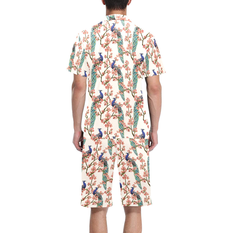 Peacock tropical flower pattern Men's V-Neck Short Pajama Set