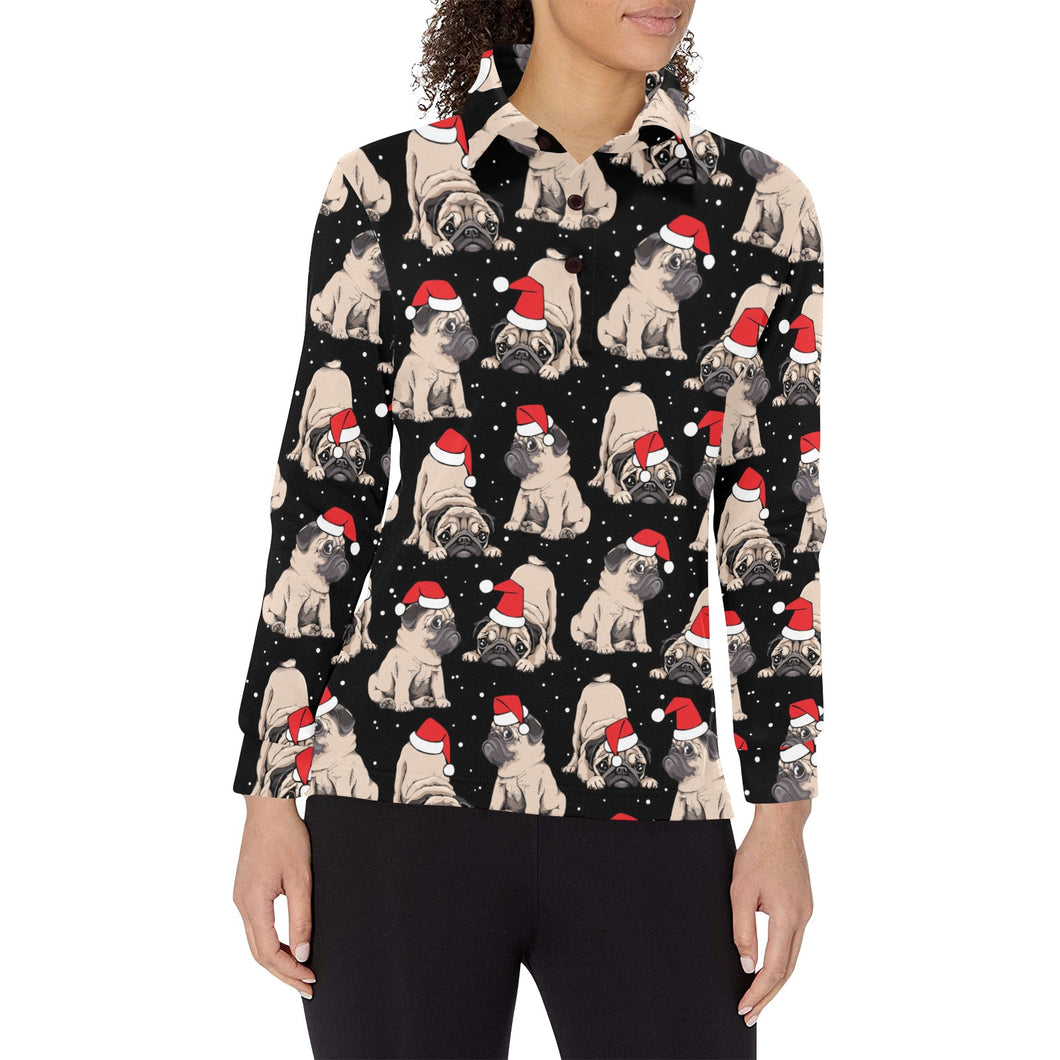 Christmas Pugs Santa_s red cap pattern Women's Long Sleeve Polo Shirt