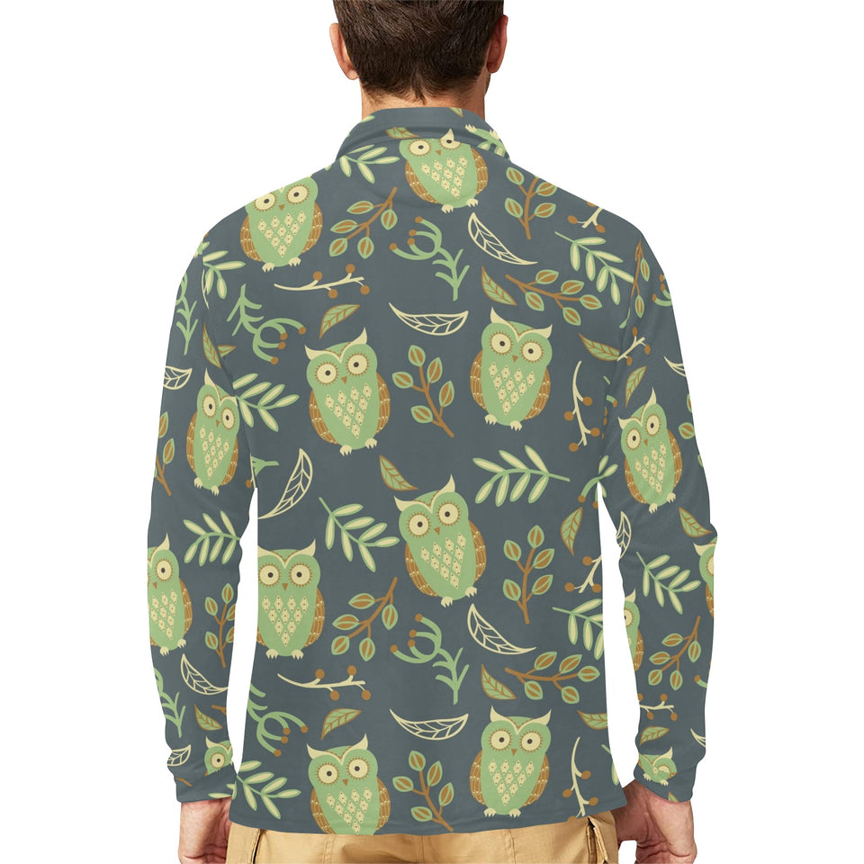 Cute owls leaves pattern Men's Long Sleeve Polo Shirt