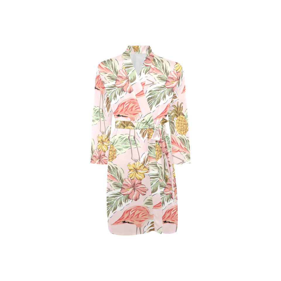 Pink flamingo birds pineapples hibiscus flower pat Men's Long Sleeve Belted Night Robe
