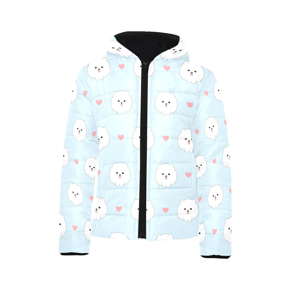 White cute pomeranian pattern Kids' Boys' Girls' Padded Hooded Jacket