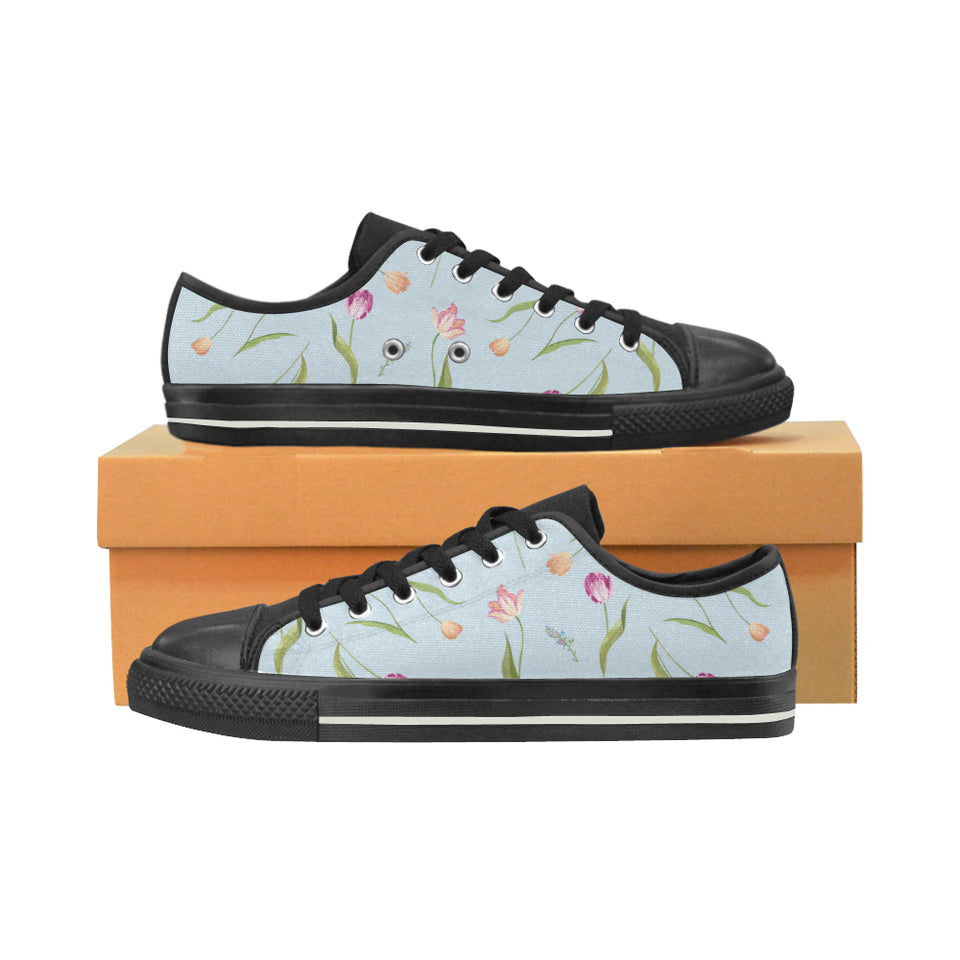 Watercolor Tulips pattern Men's Low Top Canvas Shoes Black