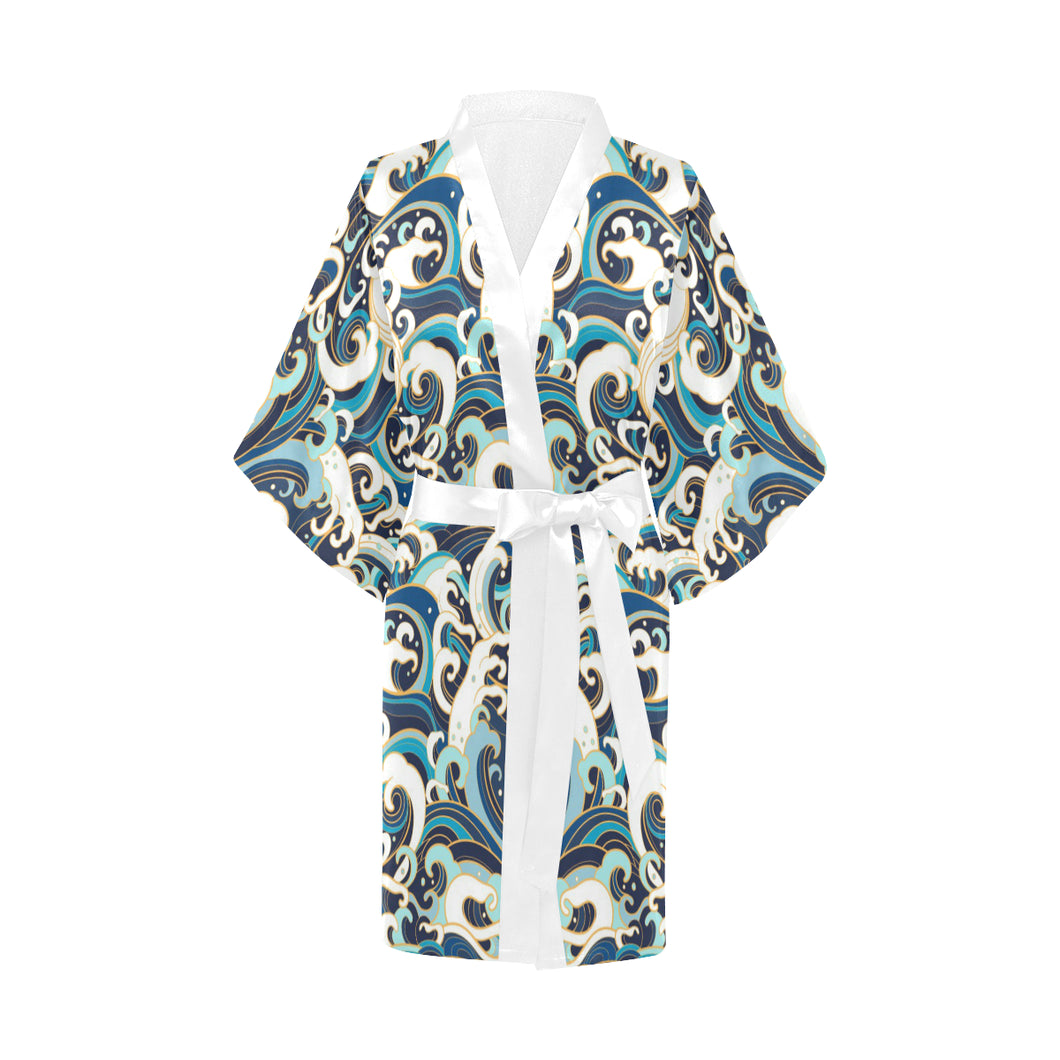 Japanese wave pattern Women's Short Kimono Robe