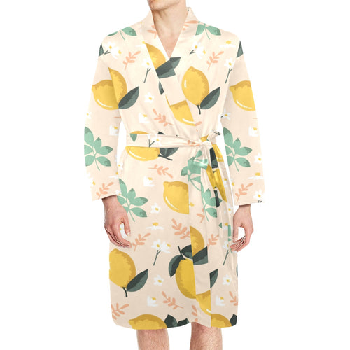 lemon flower leave pattern Men's Long Sleeve Belted Night Robe