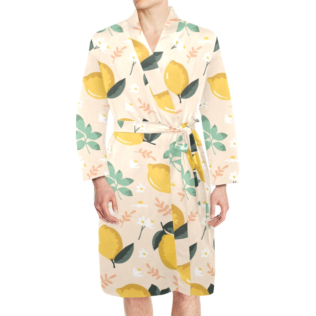 lemon flower leave pattern Men's Long Sleeve Belted Night Robe