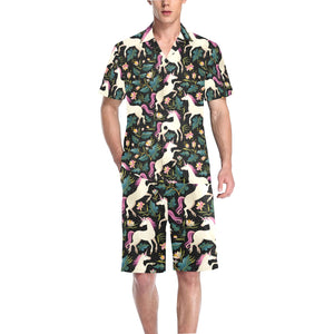 Unicorns forest background Men's V-Neck Short Pajama Set