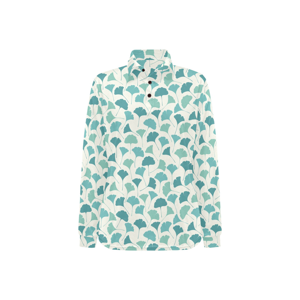 Green ginkgo leaves pattern Women's Long Sleeve Polo Shirt