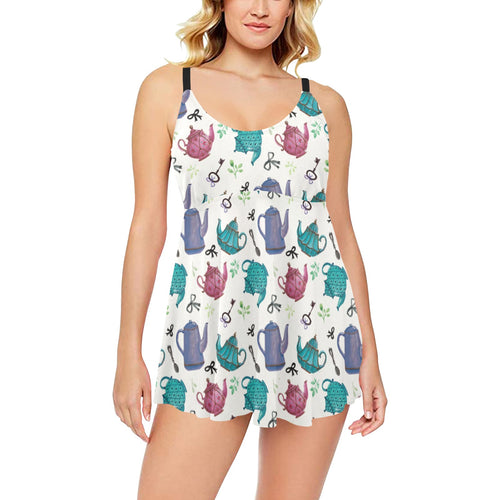 Tea pots Pattern Print Design 05 Chest Sexy Pleated Two Piece Swim Dress