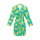 Pineapples pattern green background Women's Long Sleeve Belted Night Robe