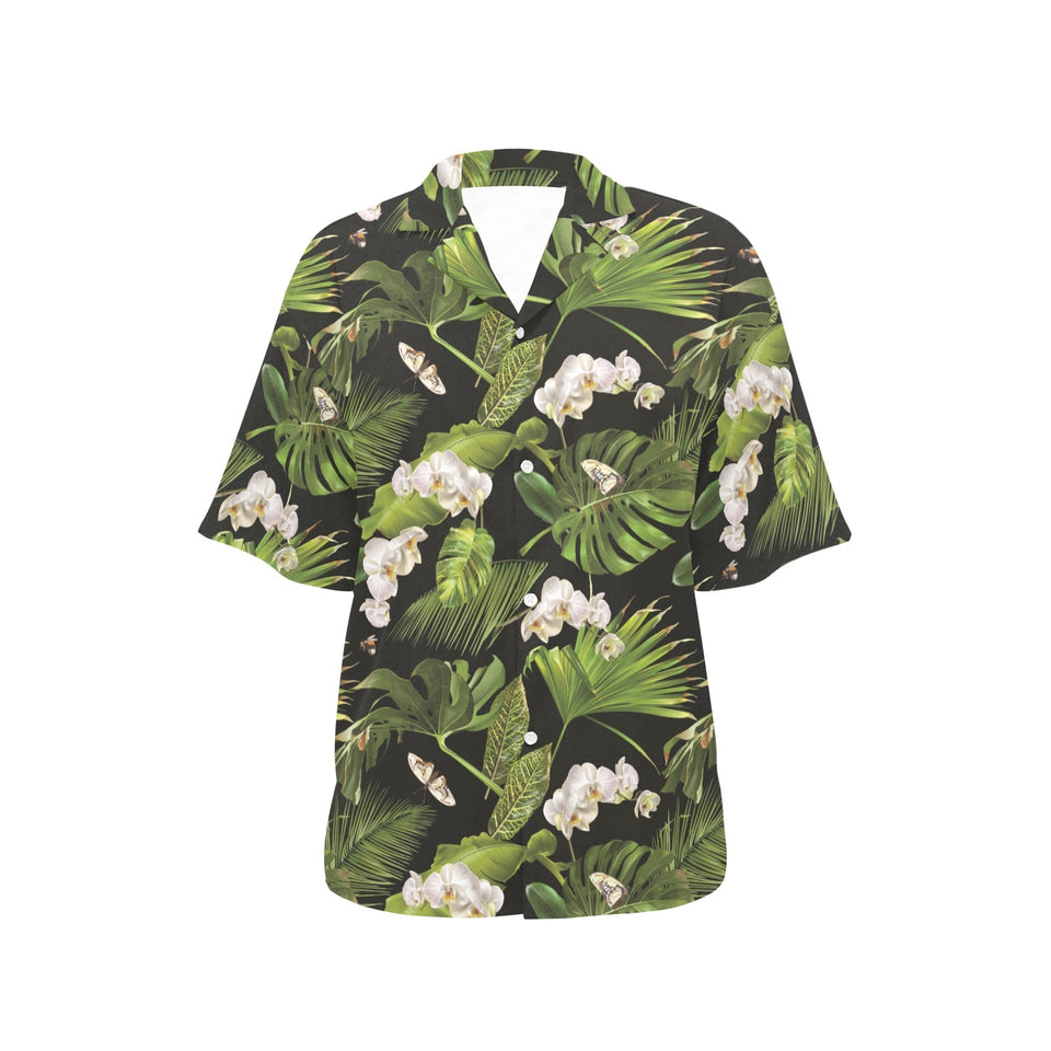 White orchid flower tropical leaves pattern blackg Women's All Over Print Hawaiian Shirt