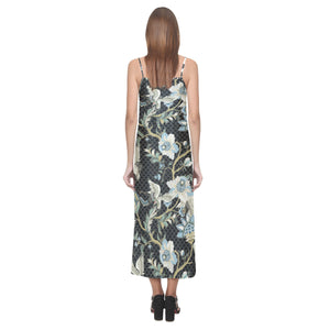 Japanese crane ornament elements V-Neck Open Fork Long Dress