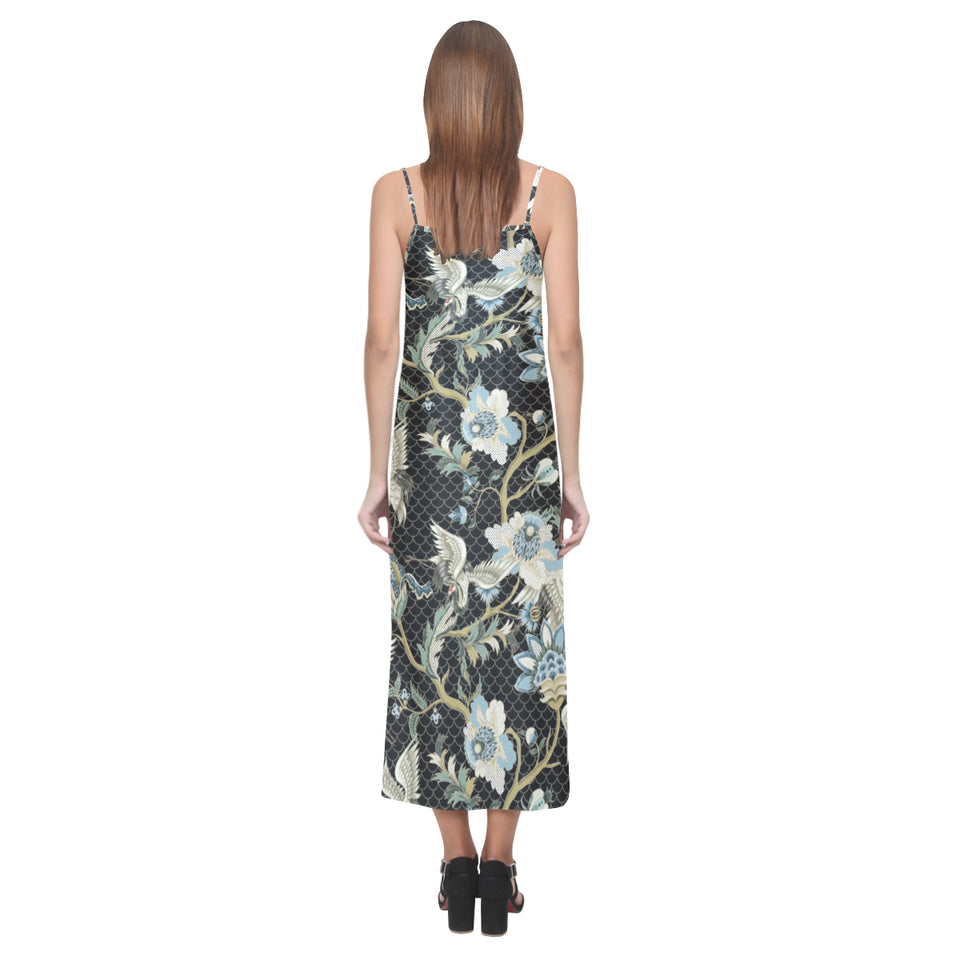 Japanese crane ornament elements V-Neck Open Fork Long Dress