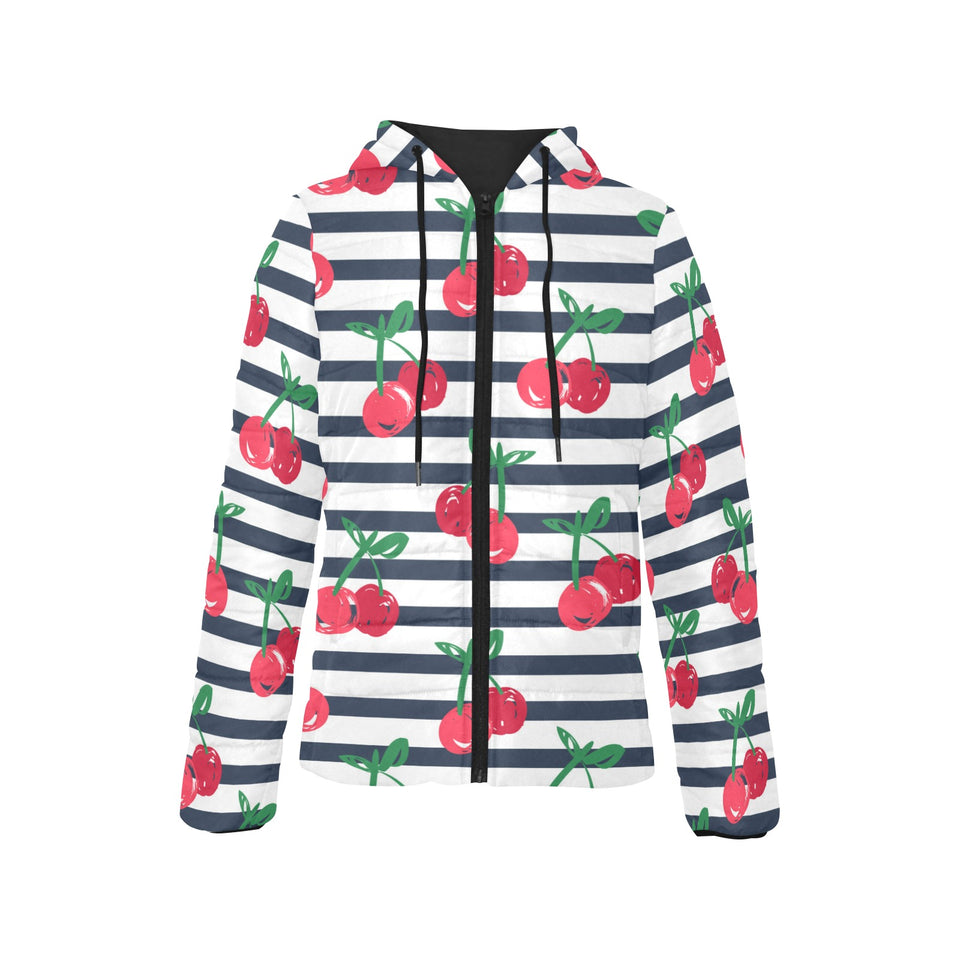 Hand drawn cherry pattern striped background Women's Padded Hooded Jacket