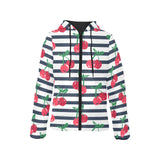 Hand drawn cherry pattern striped background Women's Padded Hooded Jacket
