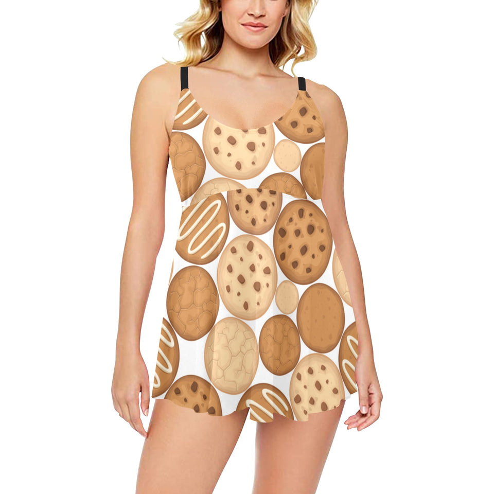 Various cookie pattern Chest Sexy Pleated Two Piece Swim Dress