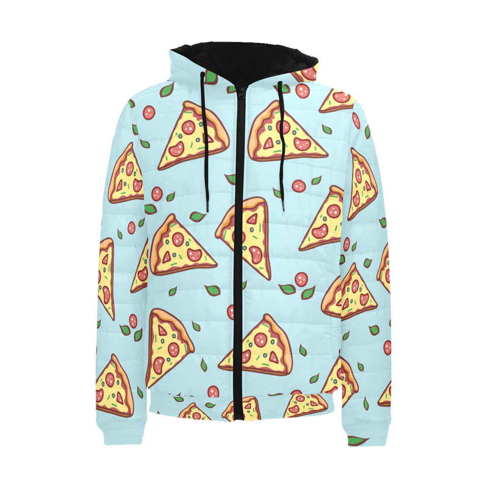 Hand drawn pizza blue background Men's Padded Hooded Jacket