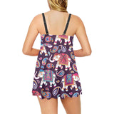 Elephant indian style ornament pattern Chest Sexy Pleated Two Piece Swim Dress