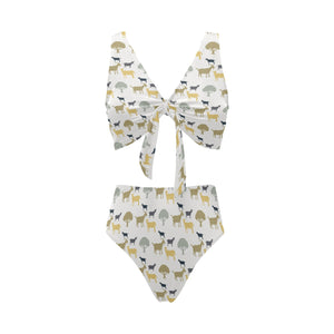 Silhouettes of goat and tree pattern Chest Bowknot High Waisted Bikini Swimsuit