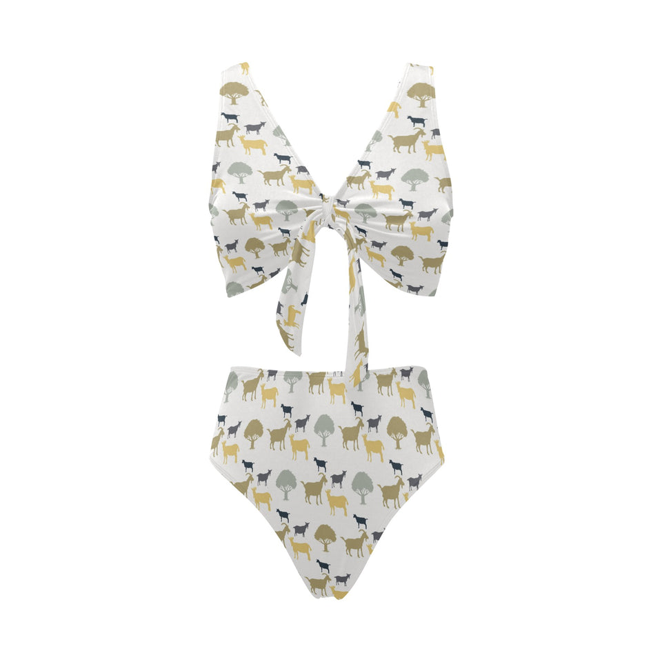 Silhouettes of goat and tree pattern Chest Bowknot High Waisted Bikini Swimsuit
