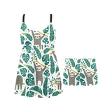 Cute sloths tropical palm leaves white background Chest Sexy Pleated Two Piece Swim Dress