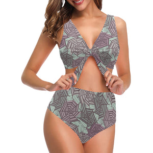 Spider web cobweb design color pattern Chest Bowknot High Waisted Bikini Swimsuit