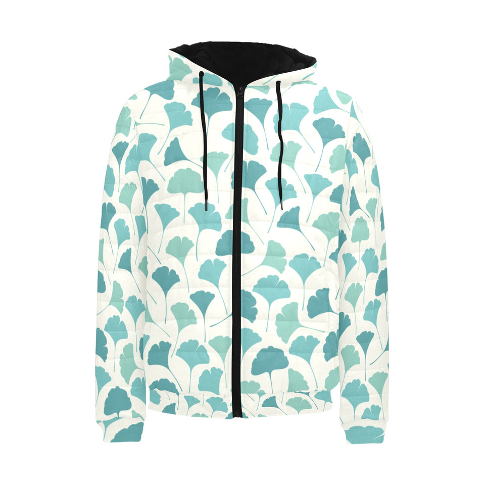Green ginkgo leaves pattern Men's Padded Hooded Jacket