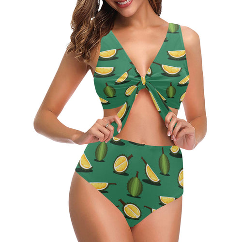Durian pattern green background Chest Bowknot High Waisted Bikini Swimsuit