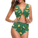 Durian pattern green background Chest Bowknot High Waisted Bikini Swimsuit