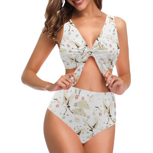Beautiful Japanese cranes pattern Chest Bowknot High Waisted Bikini Swimsuit