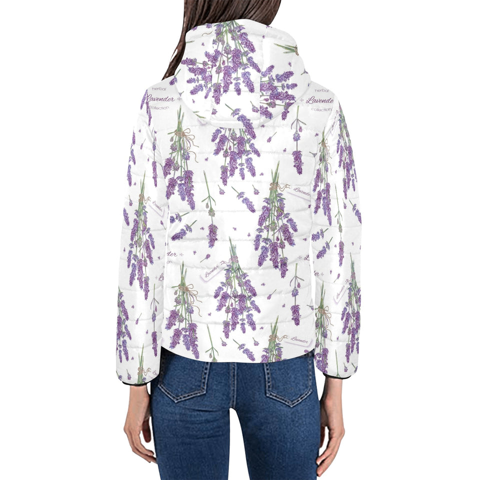 lavender flower design pattern Women's Padded Hooded Jacket
