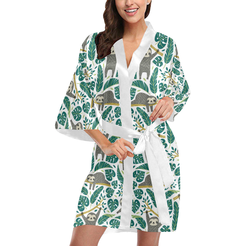 Cute sloths tropical palm leaves white background Women's Short Kimono Robe
