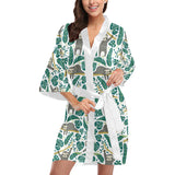 Cute sloths tropical palm leaves white background Women's Short Kimono Robe