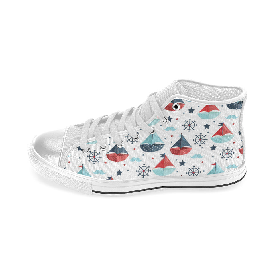 Cute color paper sailboat pattern Women's High Top Canvas Shoes White