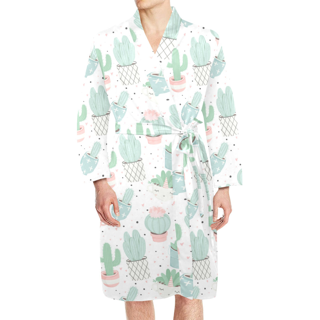 Pastel color cactus pattern Men's Long Sleeve Belted Night Robe