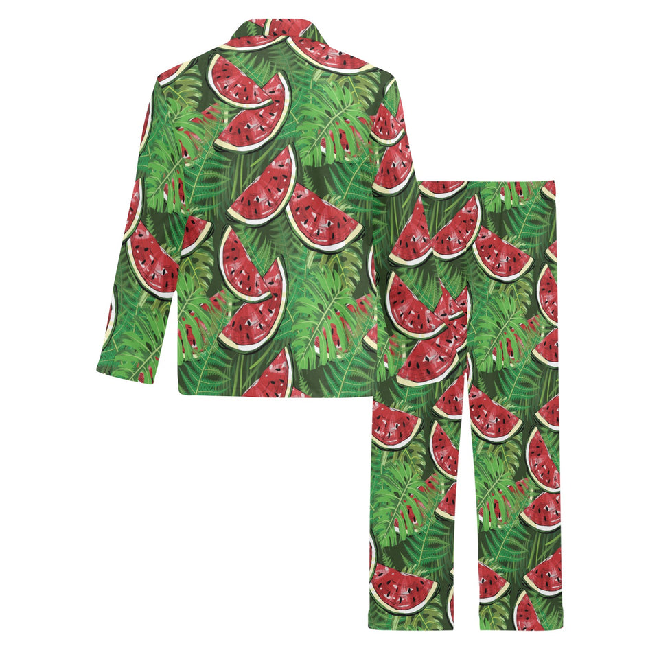 Watermelons tropical palm leaves pattern backgroun Men's Long Pajama Set