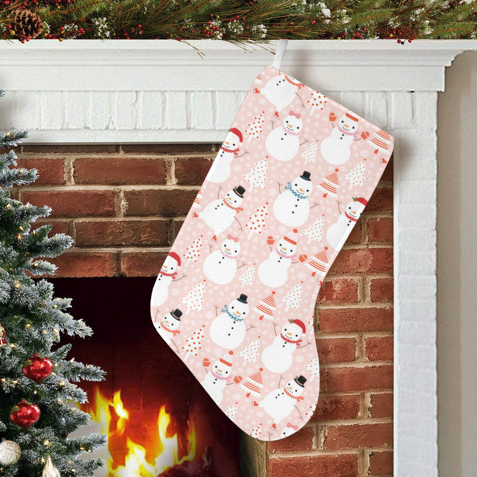 Cute snowman christmas tree snowpink background Christmas Stocking