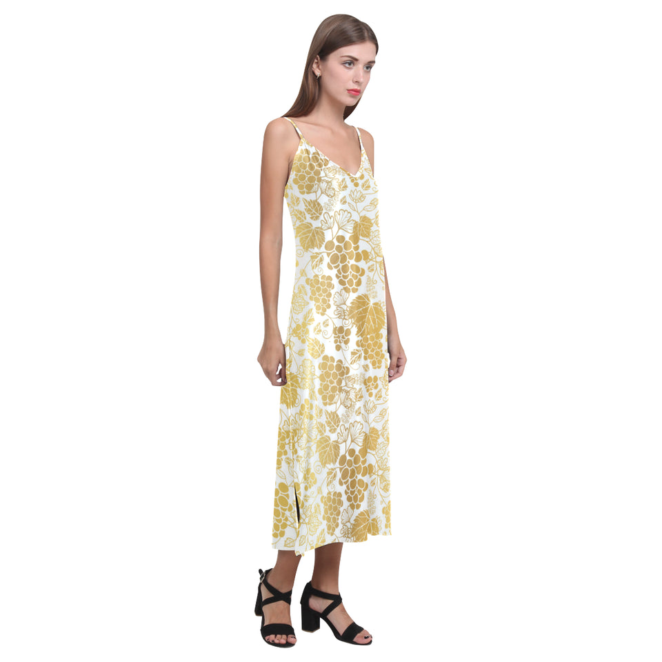 Gold grape pattern V-Neck Open Fork Long Dress