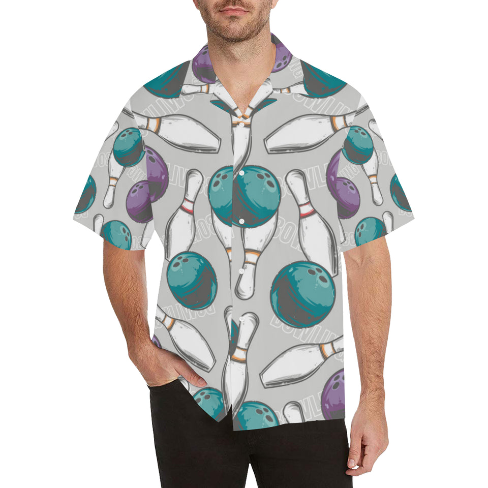 Bowling ball and pin gray background Men's All Over Print Hawaiian Shirt