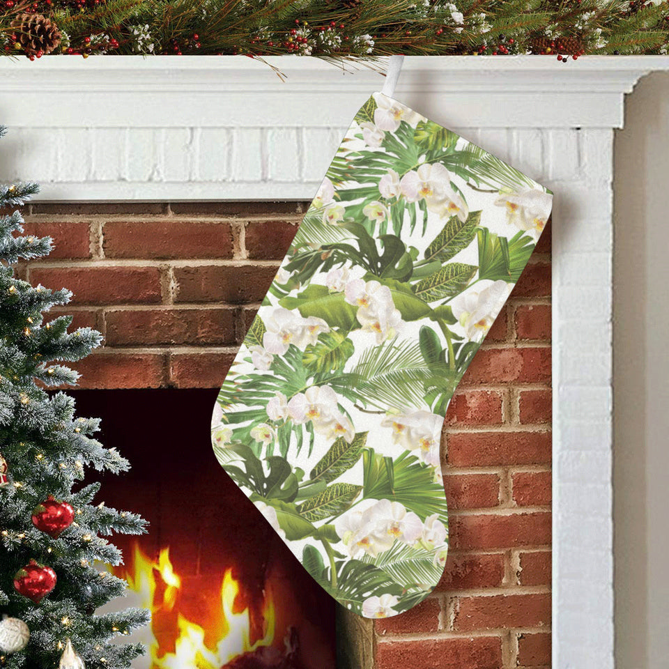 White orchid flower tropical leaves pattern Christmas Stocking