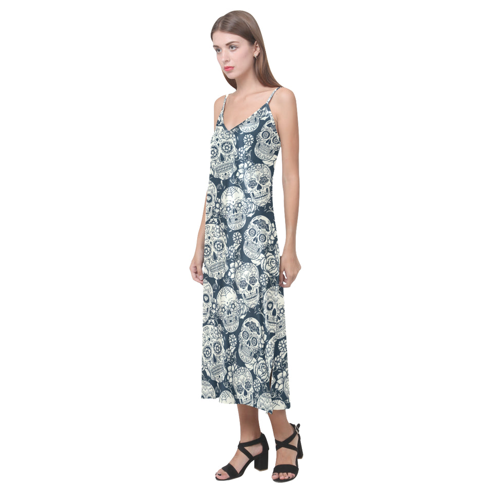 Sugar skull black white pattern V-Neck Open Fork Long Dress