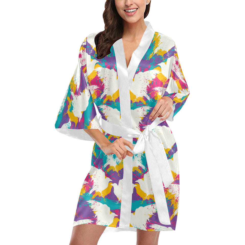 Colorful crow illustration pattern Women's Short Kimono Robe