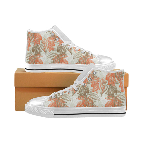Cocoa beans Cocoa tree pattern Women's High Top Canvas Shoes White