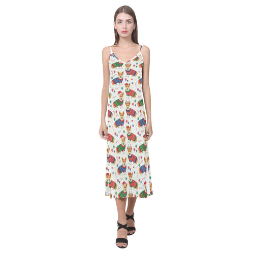Corgi Christmas Pattern V-Neck Open Fork Long Dress
