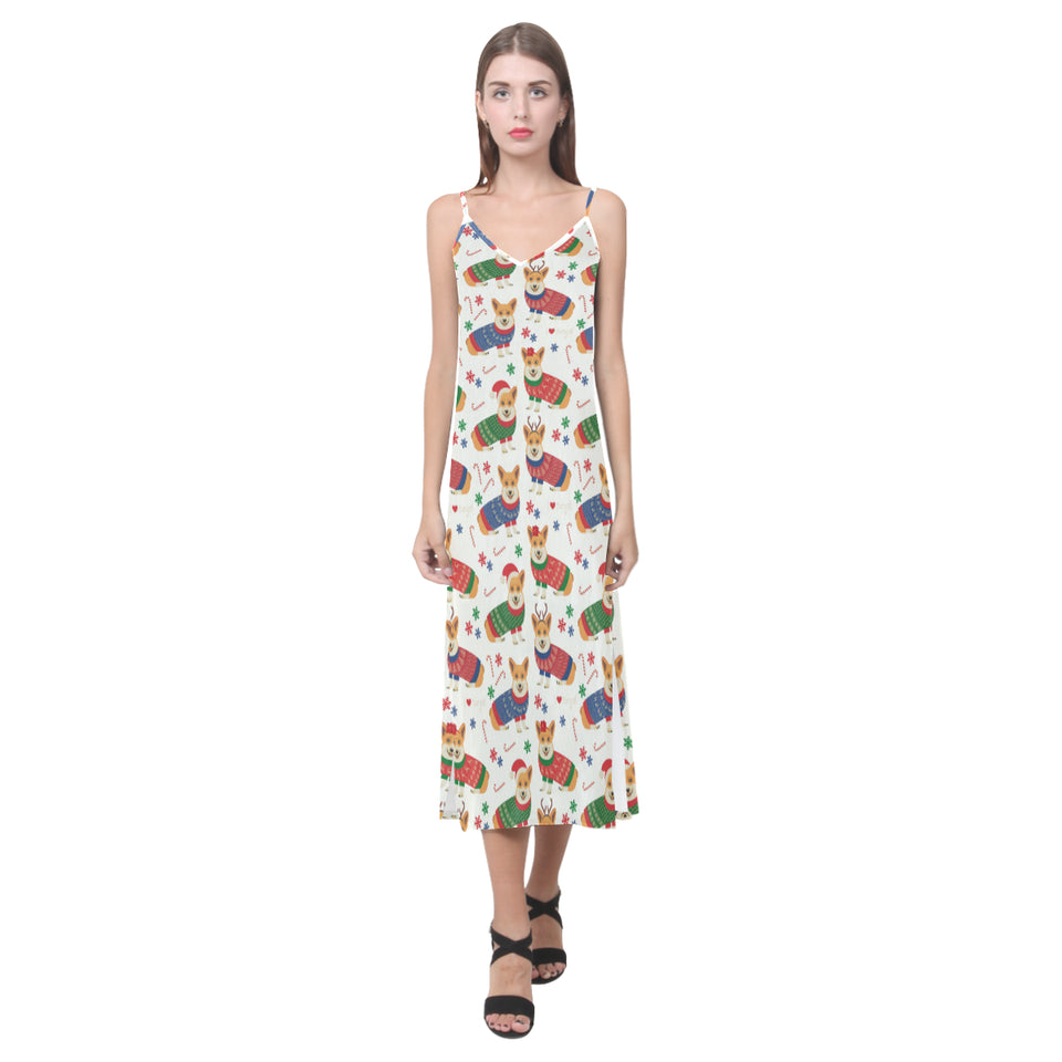 Corgi Christmas Pattern V-Neck Open Fork Long Dress