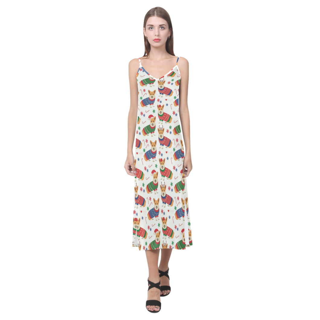 Corgi Christmas Pattern V-Neck Open Fork Long Dress