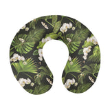 White orchid flower tropical leaves pattern blackg U-Shaped Travel Neck Pillow