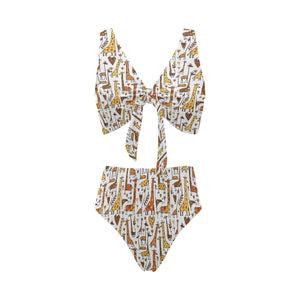 Giraffe Pattern Print Design 04 Chest Bowknot High Waisted Bikini Swimsuit