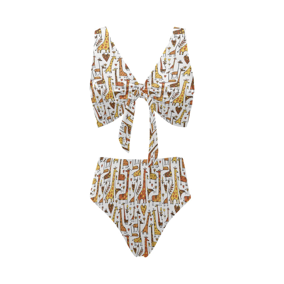 Giraffe Pattern Print Design 04 Chest Bowknot High Waisted Bikini Swimsuit